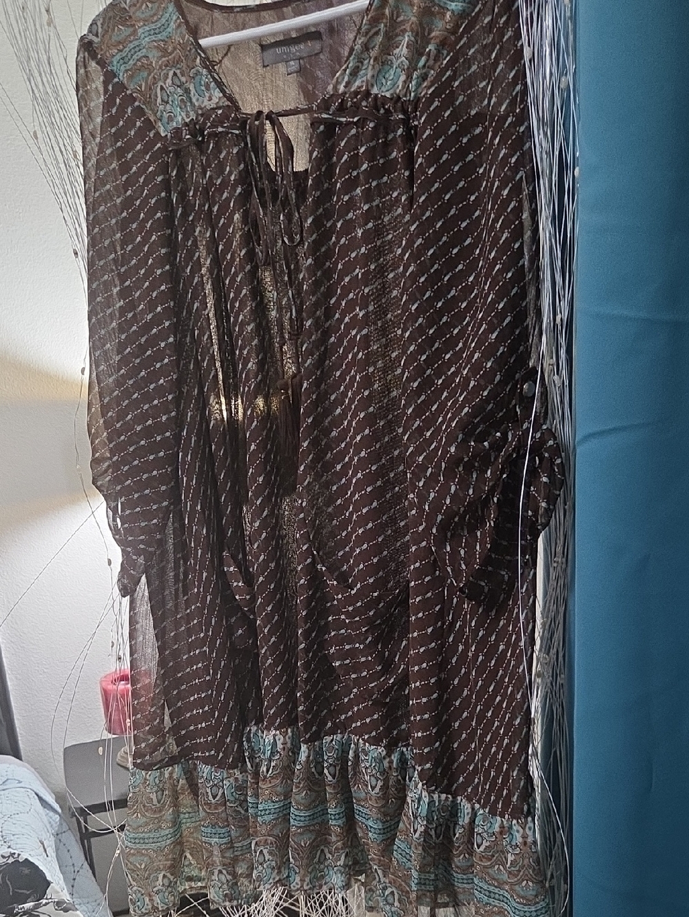 Boho Tie-Neck Peasant Dress in Brown & Teal